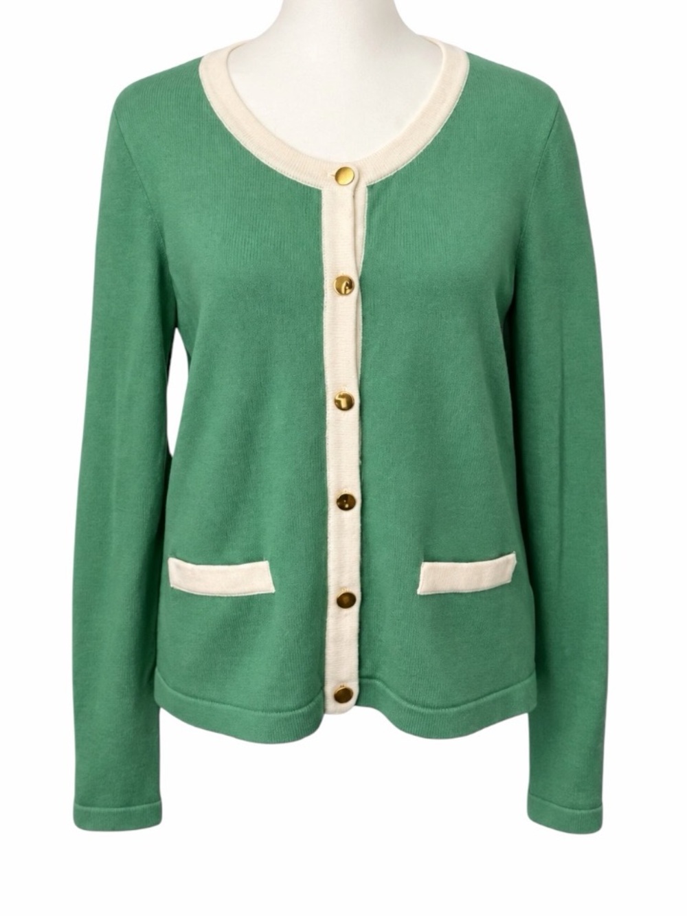 H&M Green & White Trim Sweater Cardigan w/ Gold Buttons size women's small S